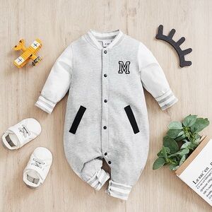 Gray and White Varsity Footies with Letter Emblem